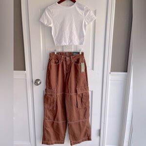 NWT wide leg cargo pants baggy oversized long streetwear white stitching cotton